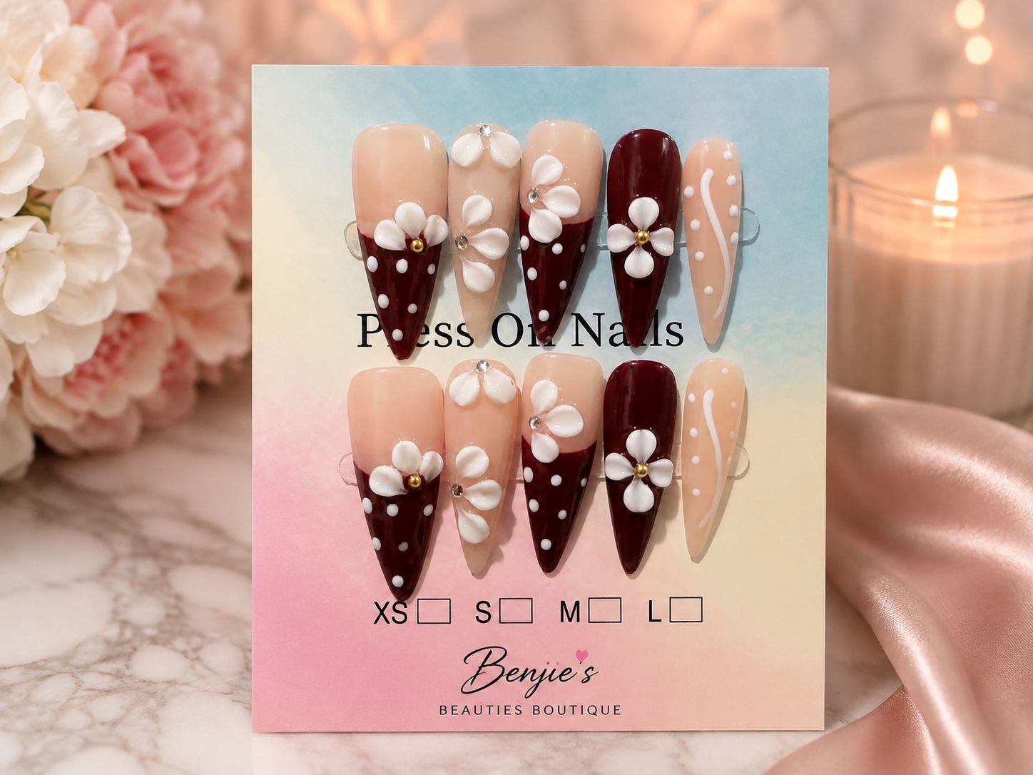 Burgundy Blossom stiletto press-on nail set